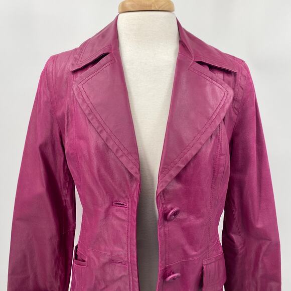 Vintage Leather Jacket Single Breasted Button Down Collared Purple Magenta XS - Picture 6 of 14